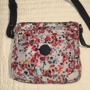 Kipling Sebastian Busy Blossoms poppy floral Crossbody Bag white with dark navy